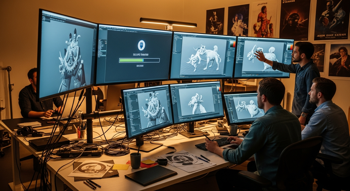 Animation artist working on visual effects at a secure workstation in a Southern California studio