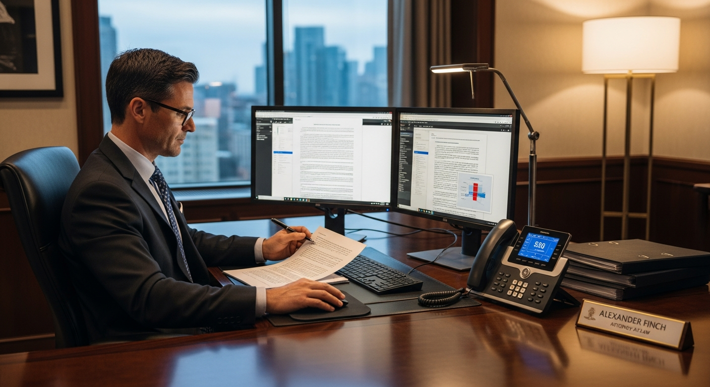 Attorney at a modern desk with dual monitors and VoIP phone system