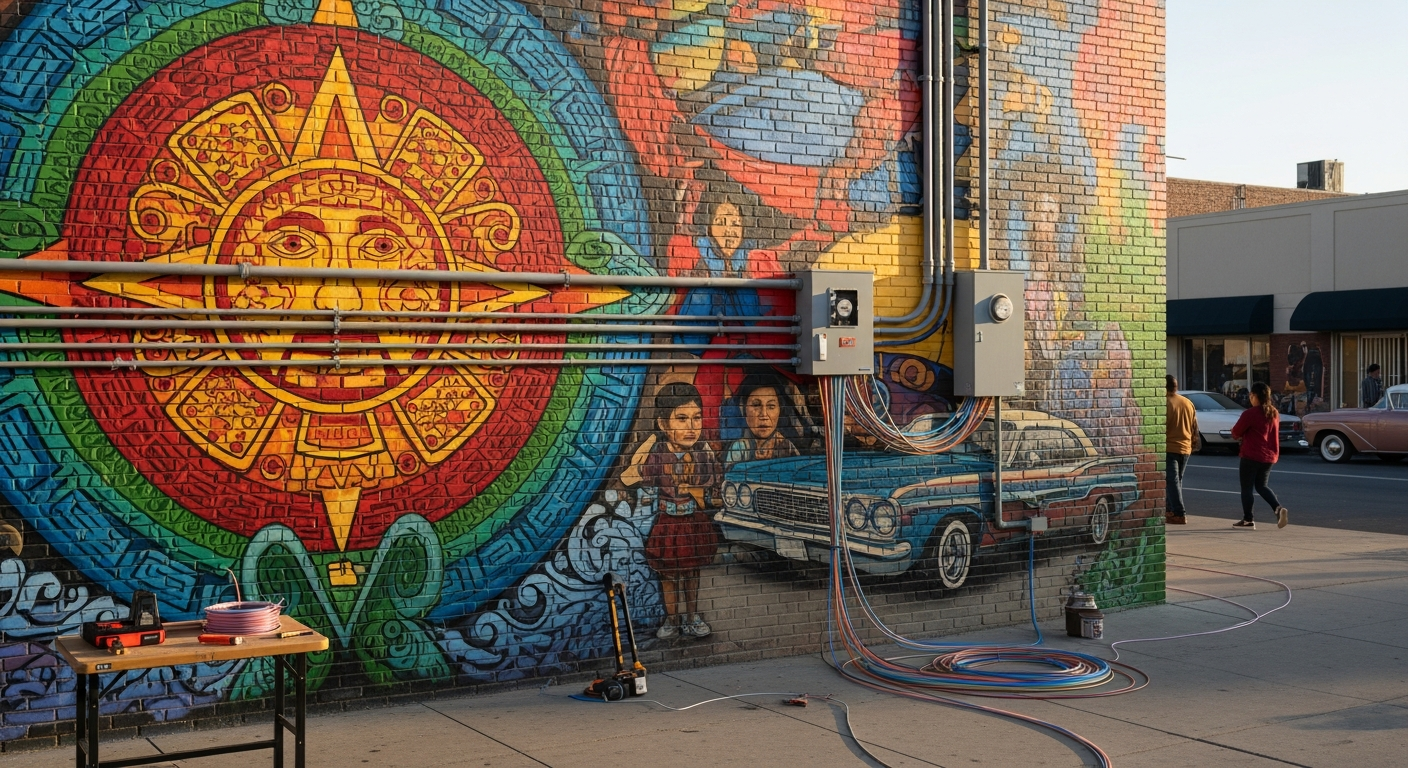 Barrio Logan mural wall adjacent to a building with new fiber optic infrastructure