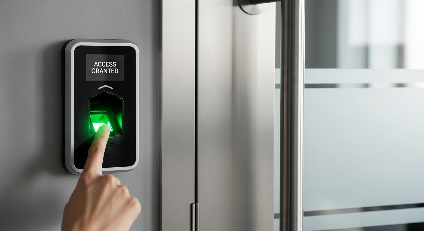 Employee using fingerprint biometric scanner for secure building and network access simultaneously