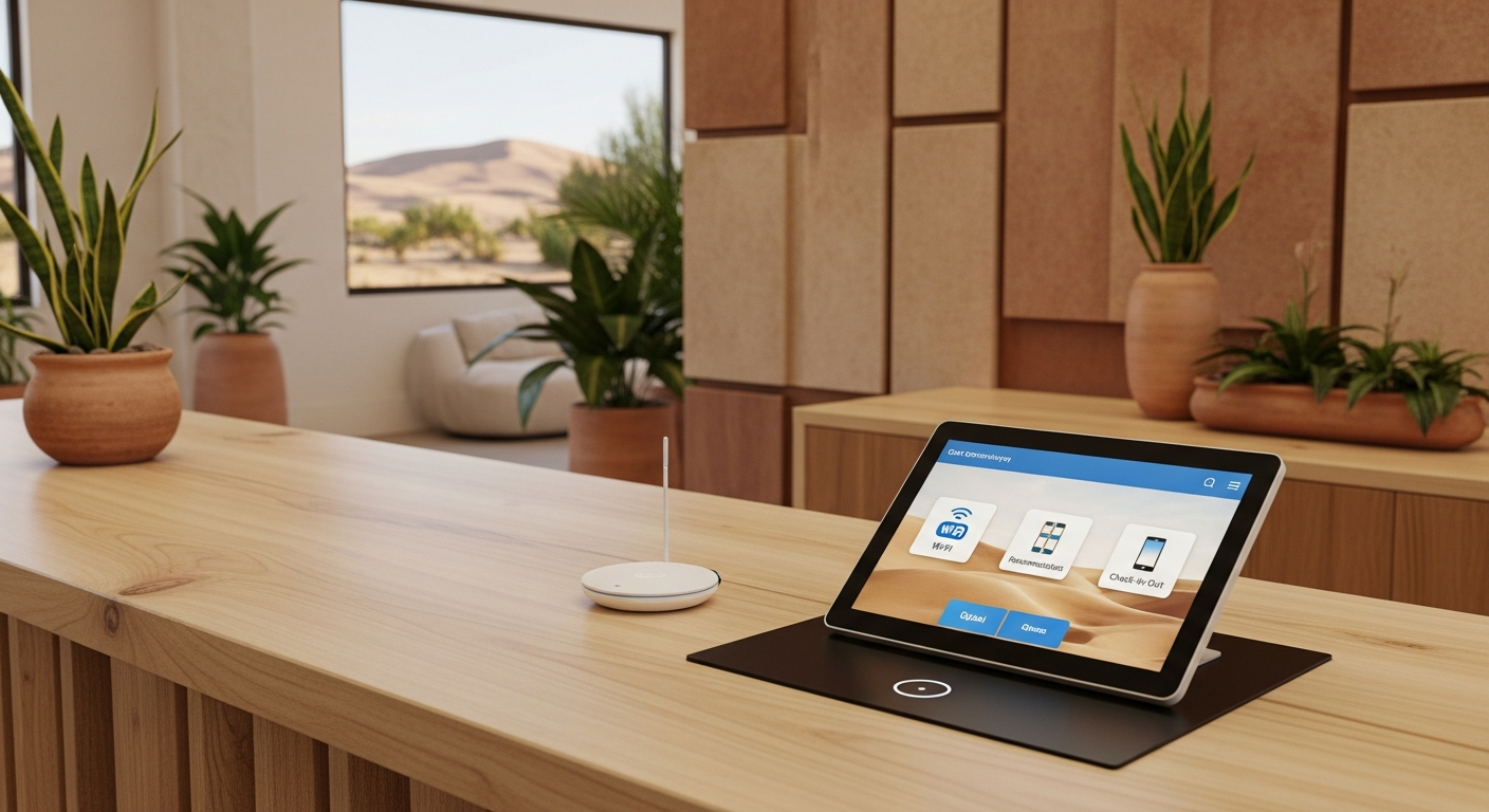 Boutique hotel desk workspace with reliable Wi-Fi connectivity for remote work