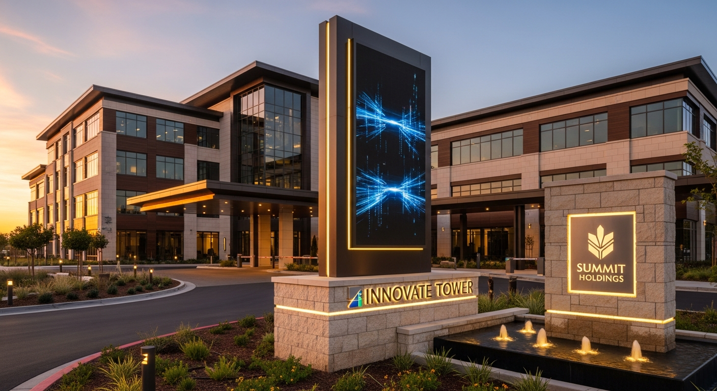 Modern business park entrance in Southern California with fiber infrastructure markers