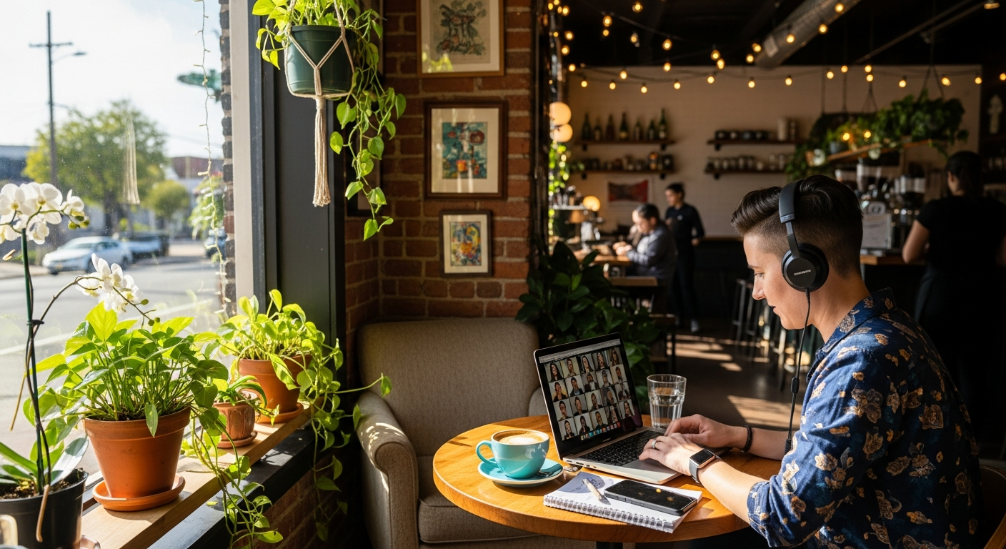 Corner of a cafe optimized for video calls with good lighting and connectivity