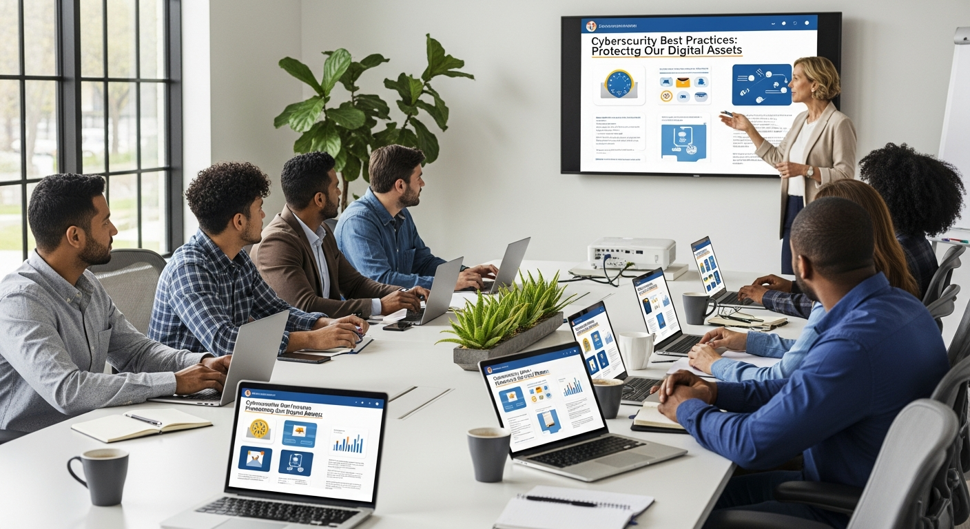 Team of employees engaged in an interactive cybersecurity training workshop
