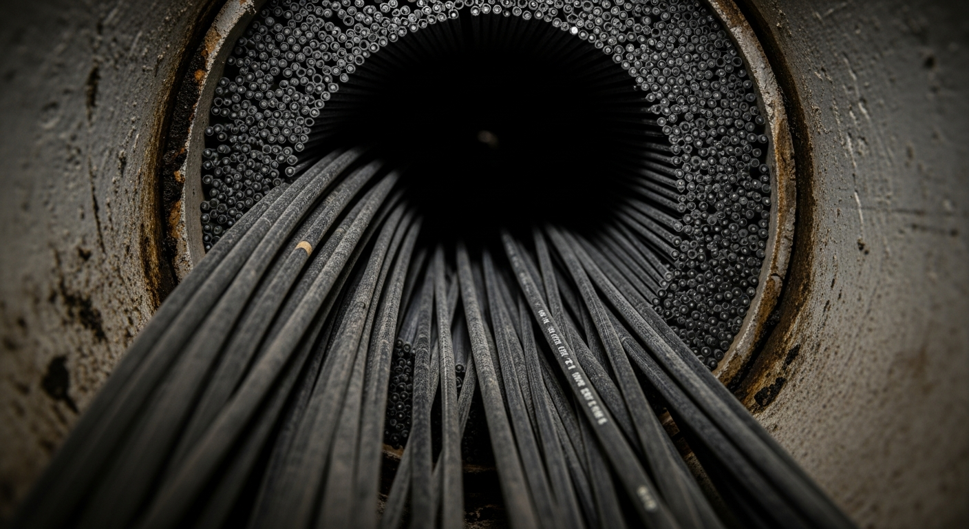 Bundle of dark fiber optic cables in a telecommunications conduit