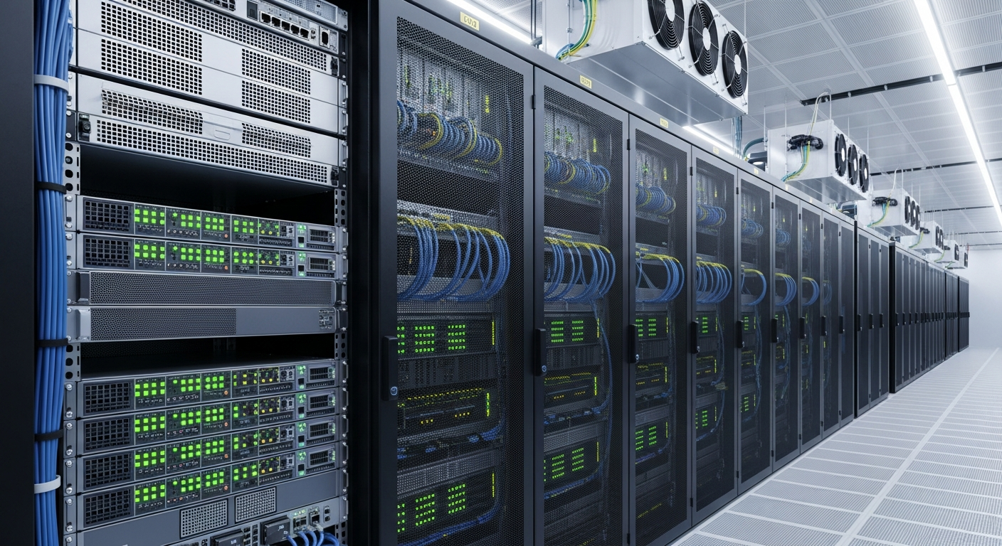 Server rack with blinking status lights in a secure data center