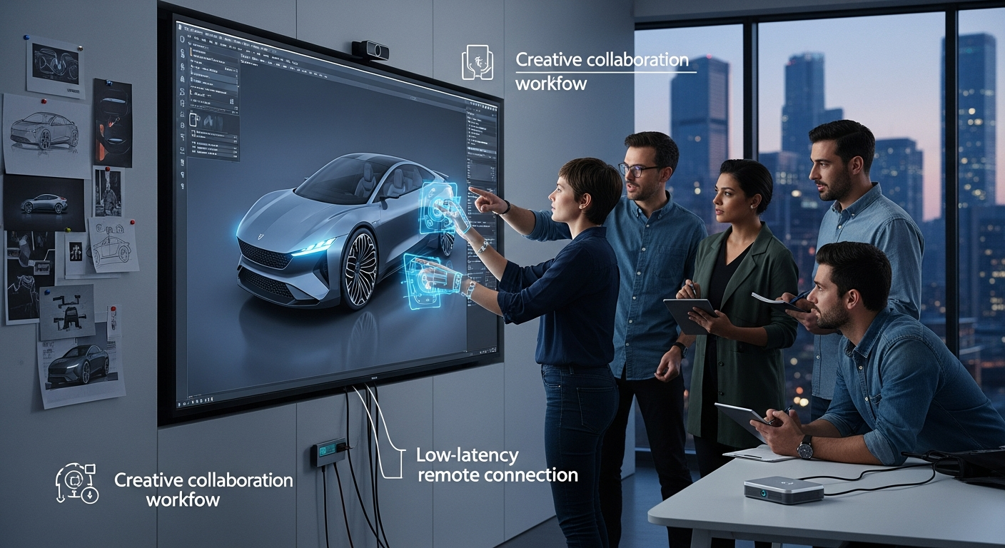 Design team reviewing 3D architectural model in real-time over dedicated internet connection