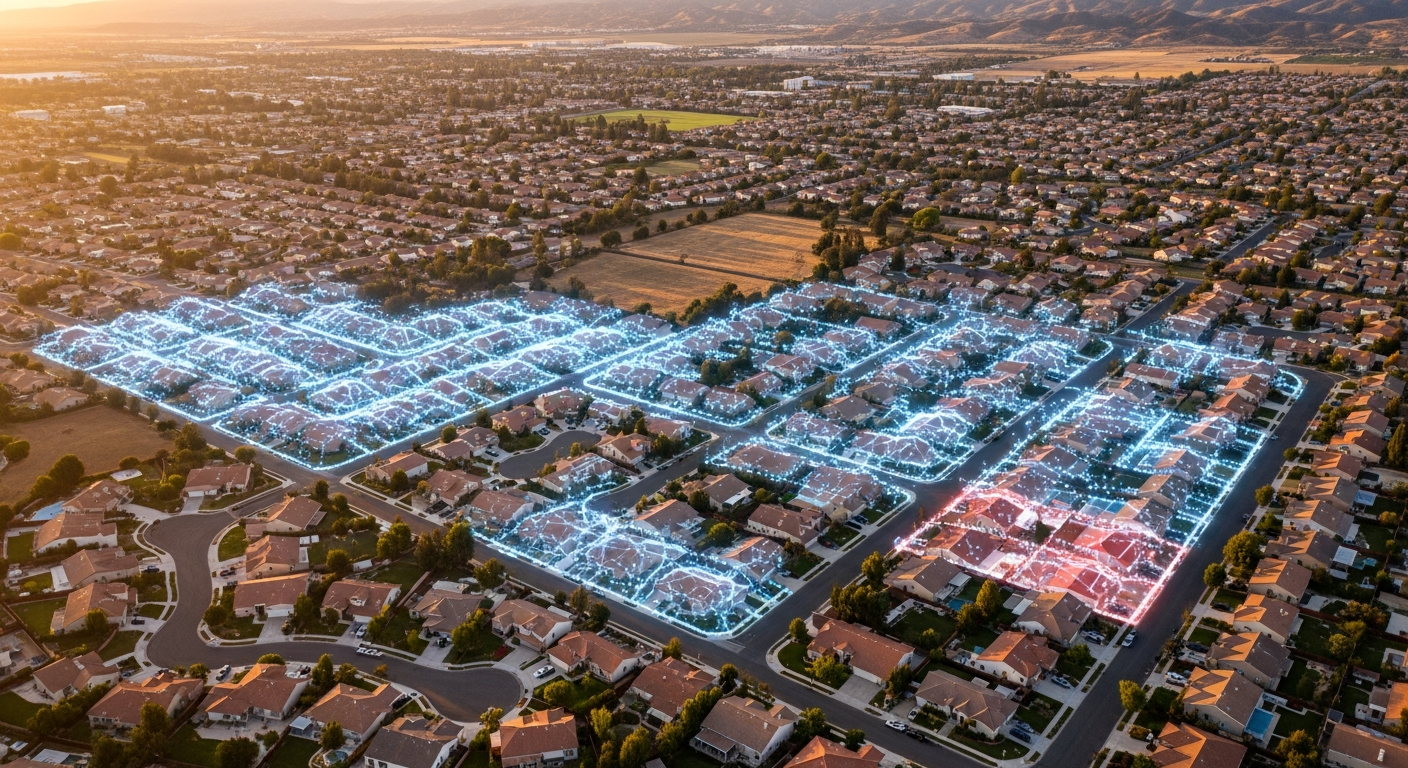 Suburban Inland Empire neighborhood showing the contrast between connected and underserved areas