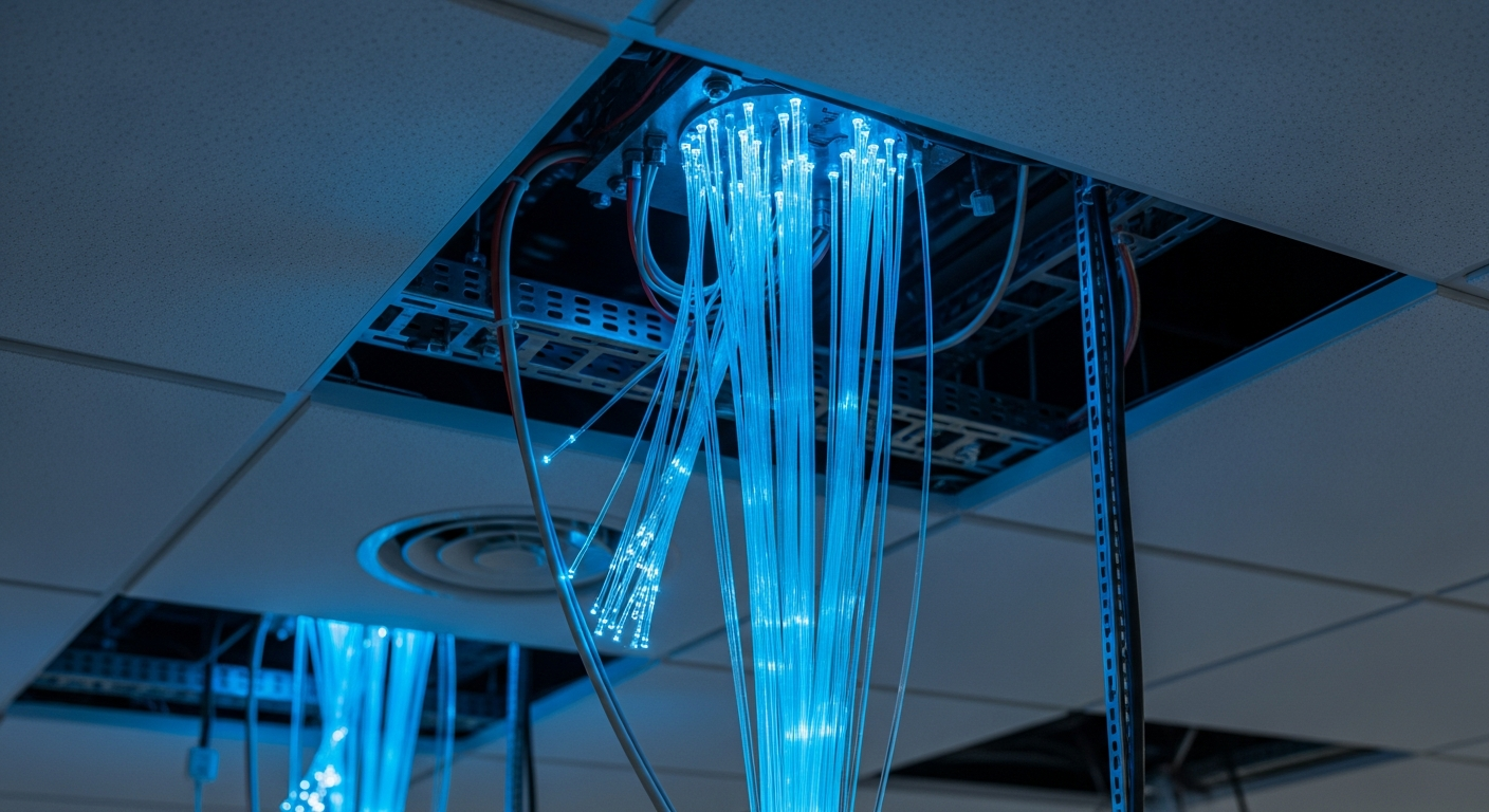 Detail of fiber optic cable installation in a commercial building telecommunications room