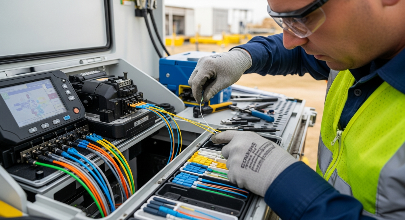 Fiber optic technician performing a precision splice in a commercial building