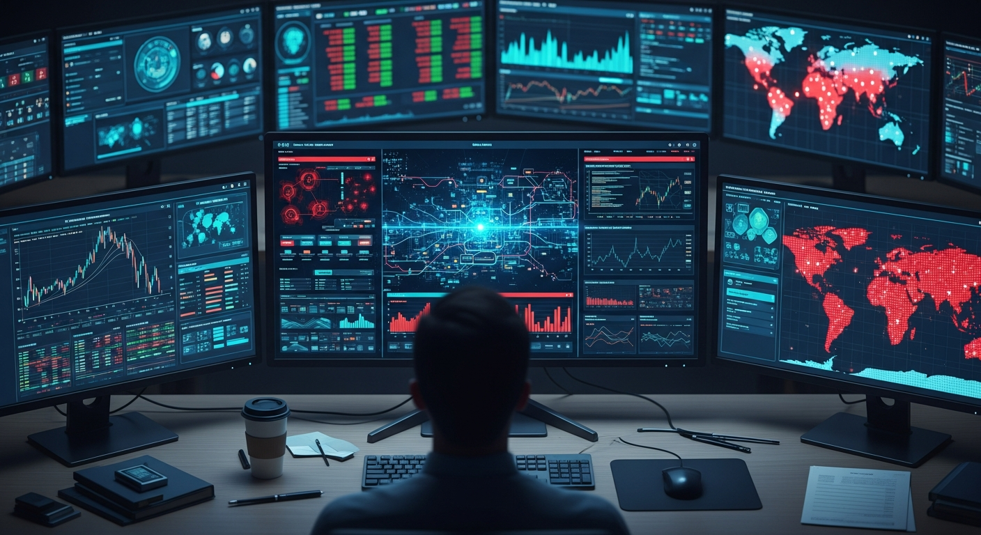 Multiple monitors displaying security dashboards and threat alerts in a financial firm