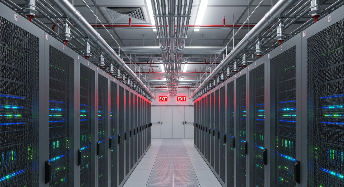 Municipal server room with fire suppression and physical security measures for critical infrastructure