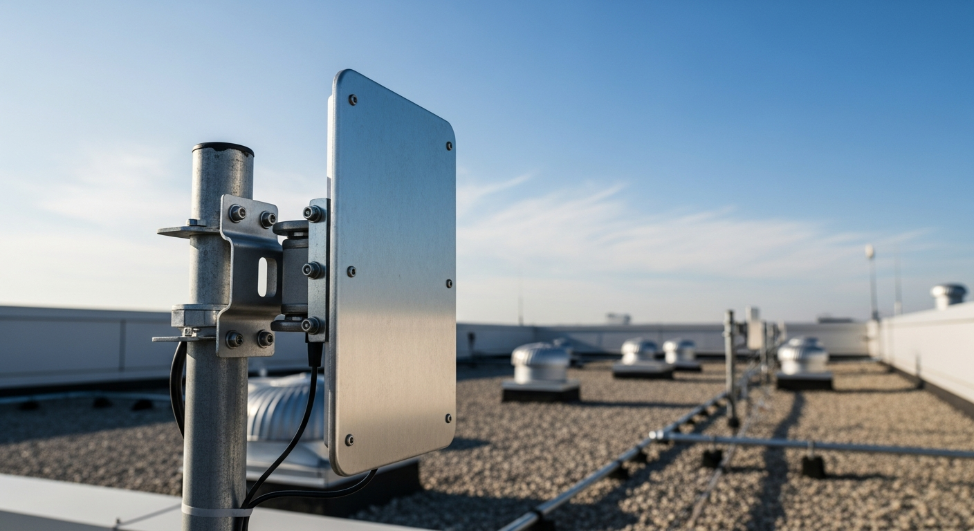 Close-up of a fixed wireless antenna mounted on a commercial rooftop