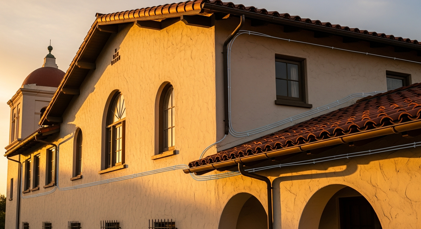 Fiber optic cable installation routed through an existing conduit in a historic Pasadena building