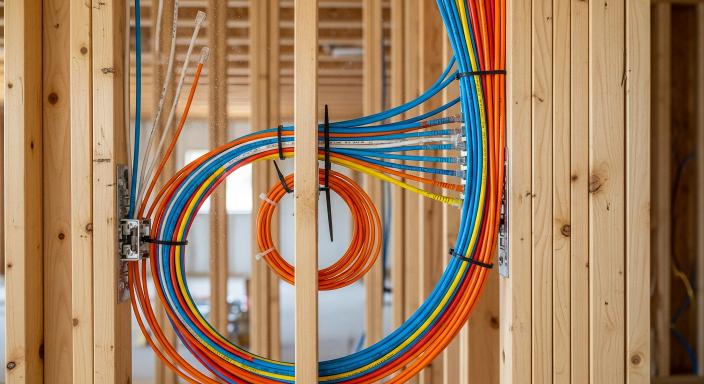 Structured cabling and conduit installed in an open wall cavity during new construction