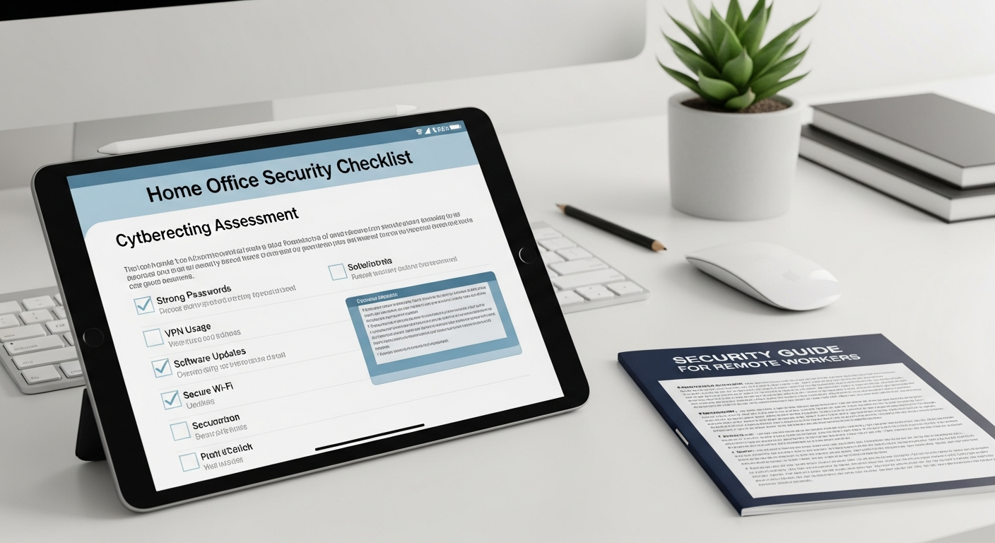 Tablet showing a home office cybersecurity checklist