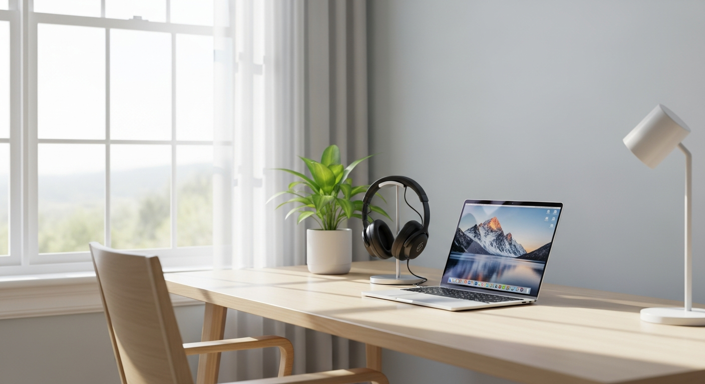 Clean minimalist home office desk with dedicated wired ethernet connection and professional-grade equipment