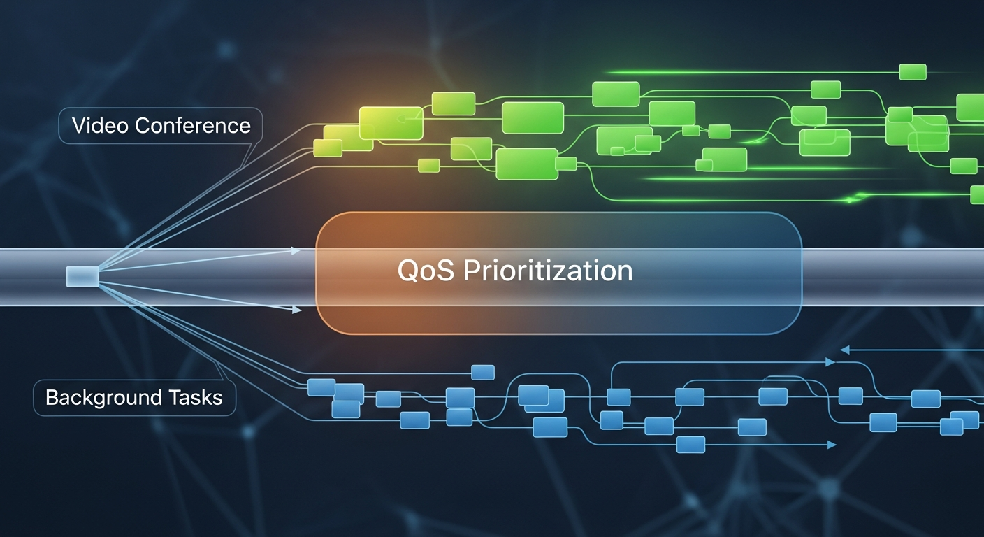 Dashboard showing network traffic prioritization with video conferencing receiving highest priority allocation