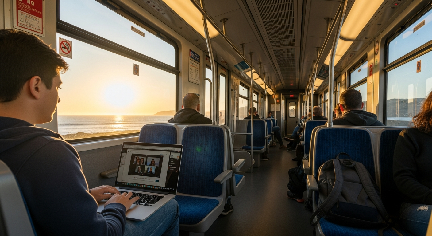 Professional working productively on a laptop during a North County train commute