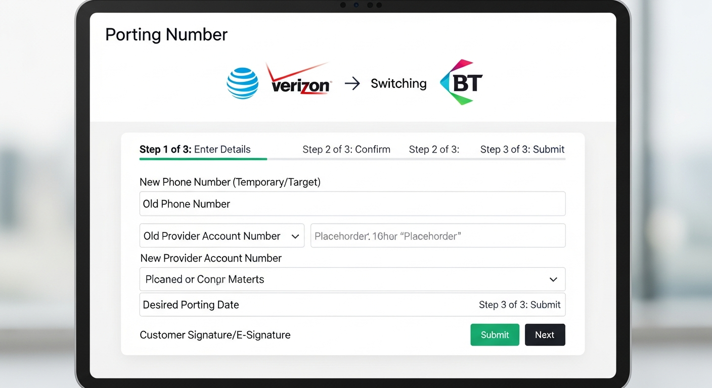 Number porting authorization form being completed for a business telecom provider switch