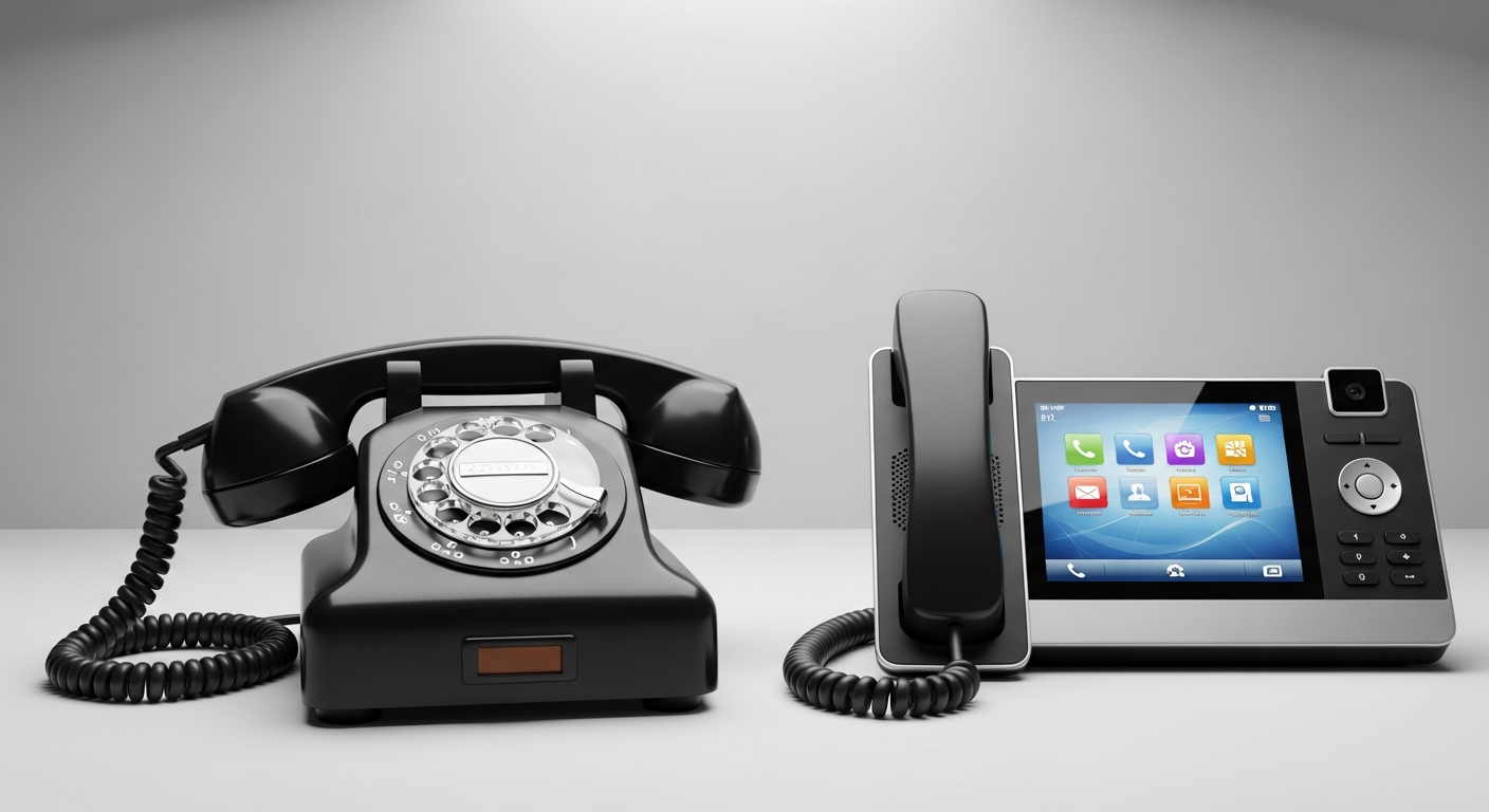 Side-by-side comparison of a legacy PBX handset and a modern VoIP desk phone