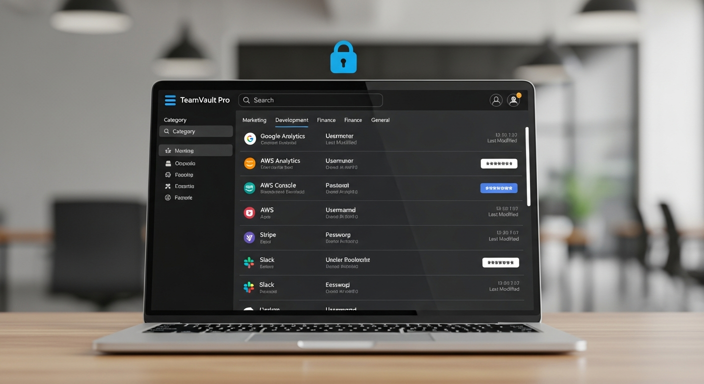 Enterprise password vault interface showing organized credential categories and sharing controls