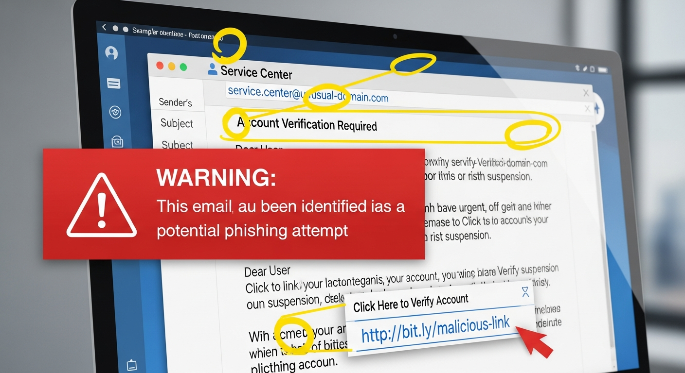 Example phishing email with suspicious elements highlighted and annotated