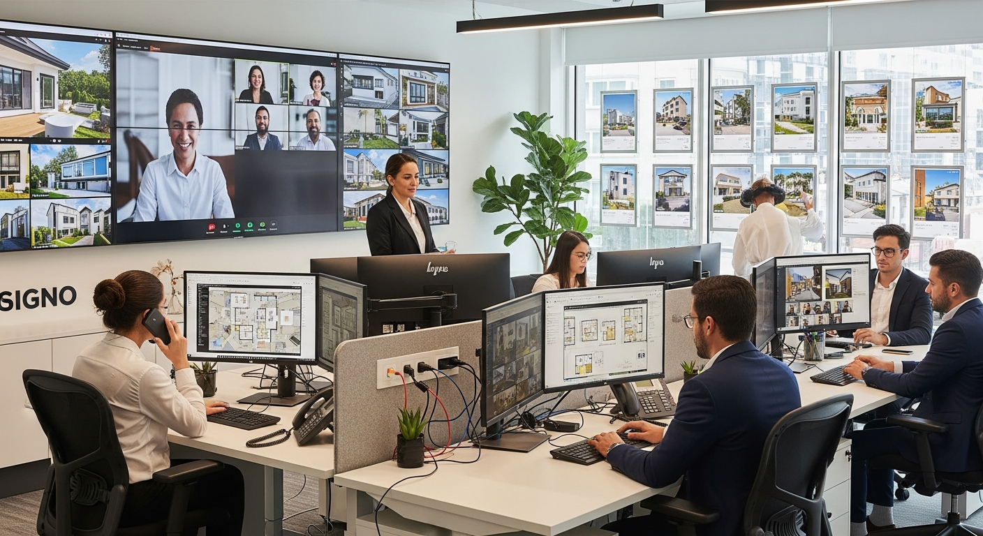 Real estate office with multiple monitors displaying property listings and connectivity availability maps