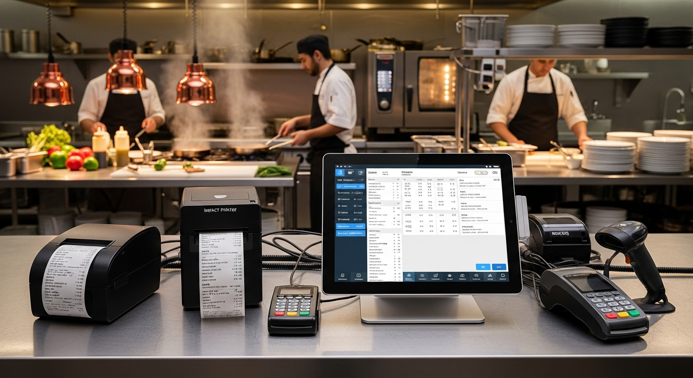 Restaurant kitchen with point-of-sale display showing active orders