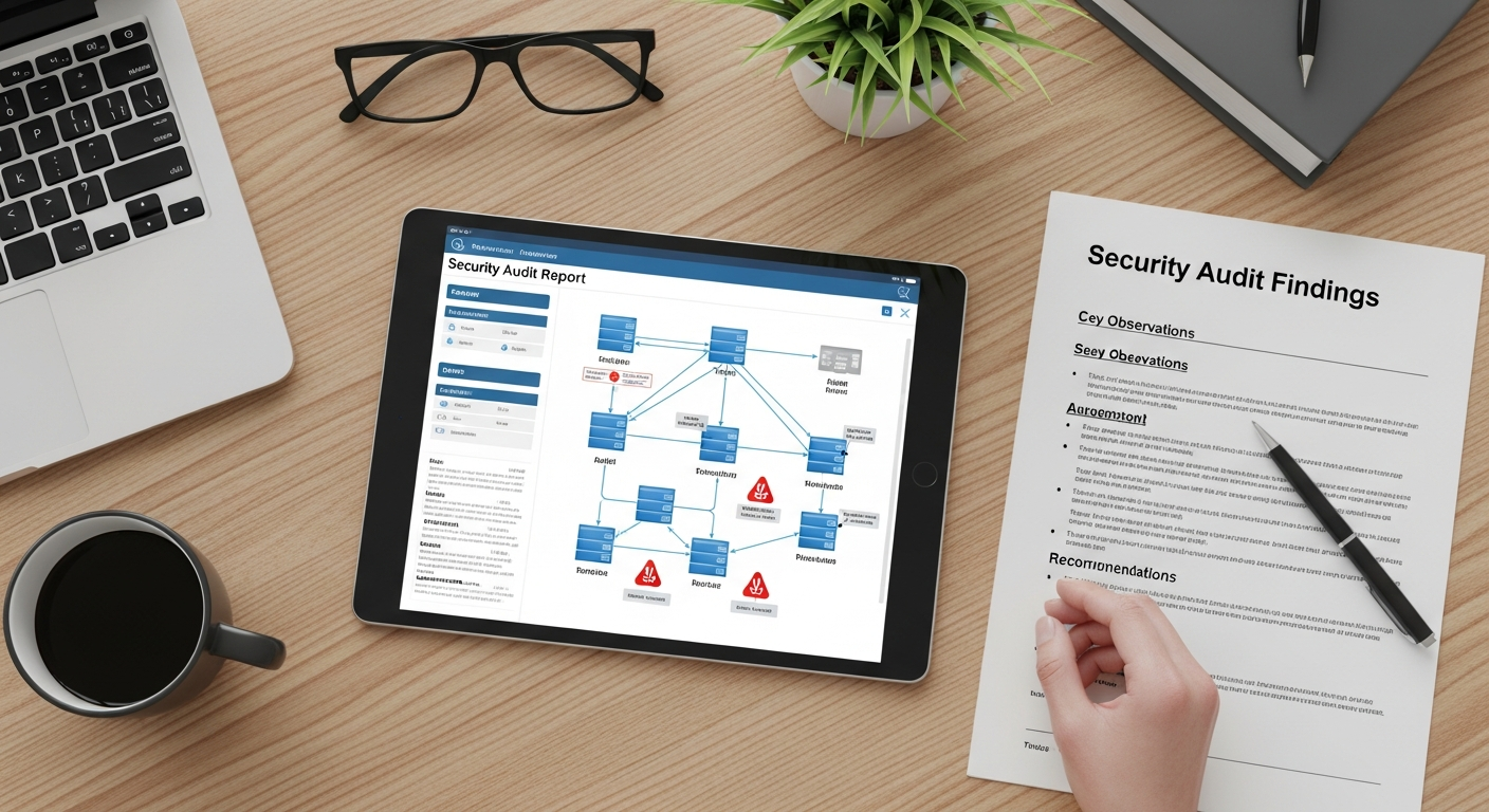 Security audit report showing vulnerability findings organized by severity and recommended remediation actions