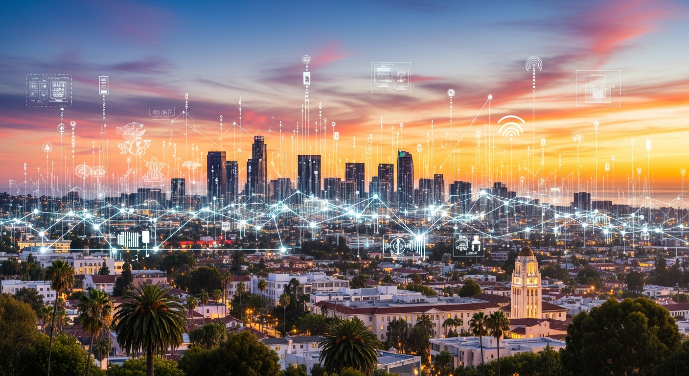 Southern California skyline at sunset with overlay showing network connectivity nodes across the region
