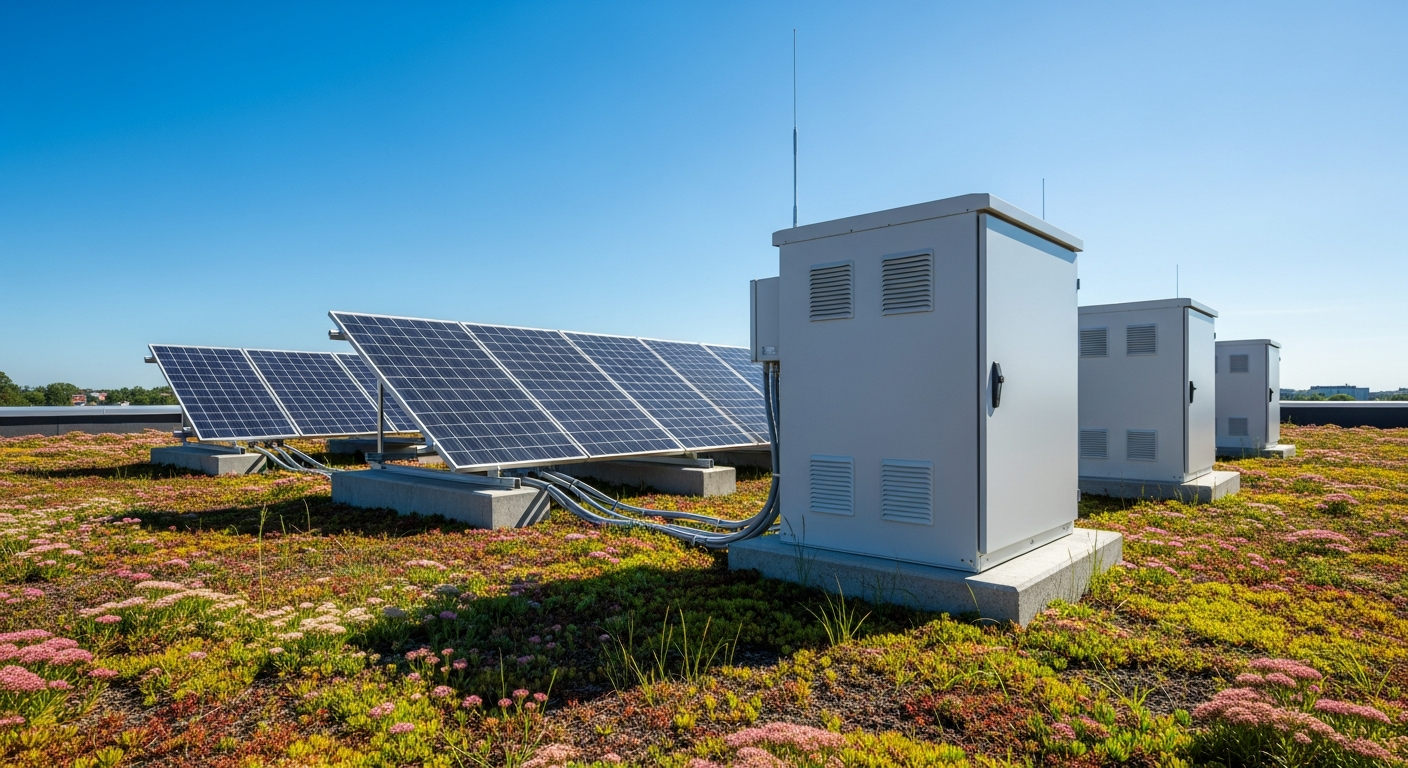 Solar panel array powering network equipment at a Southern California business facility