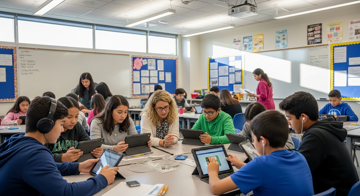 Students using tablets in a connected classroom environment