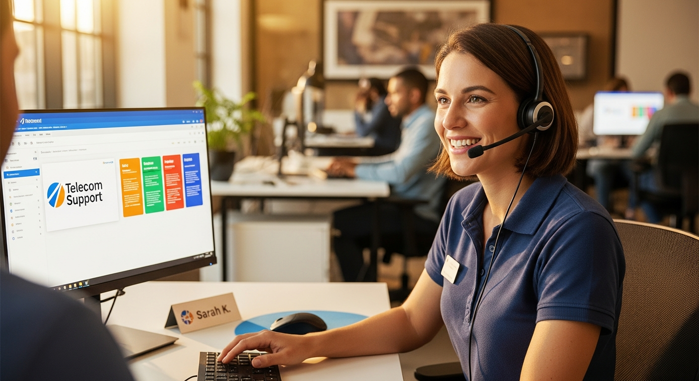 Dedicated support representative providing personalized telecom assistance to a business client