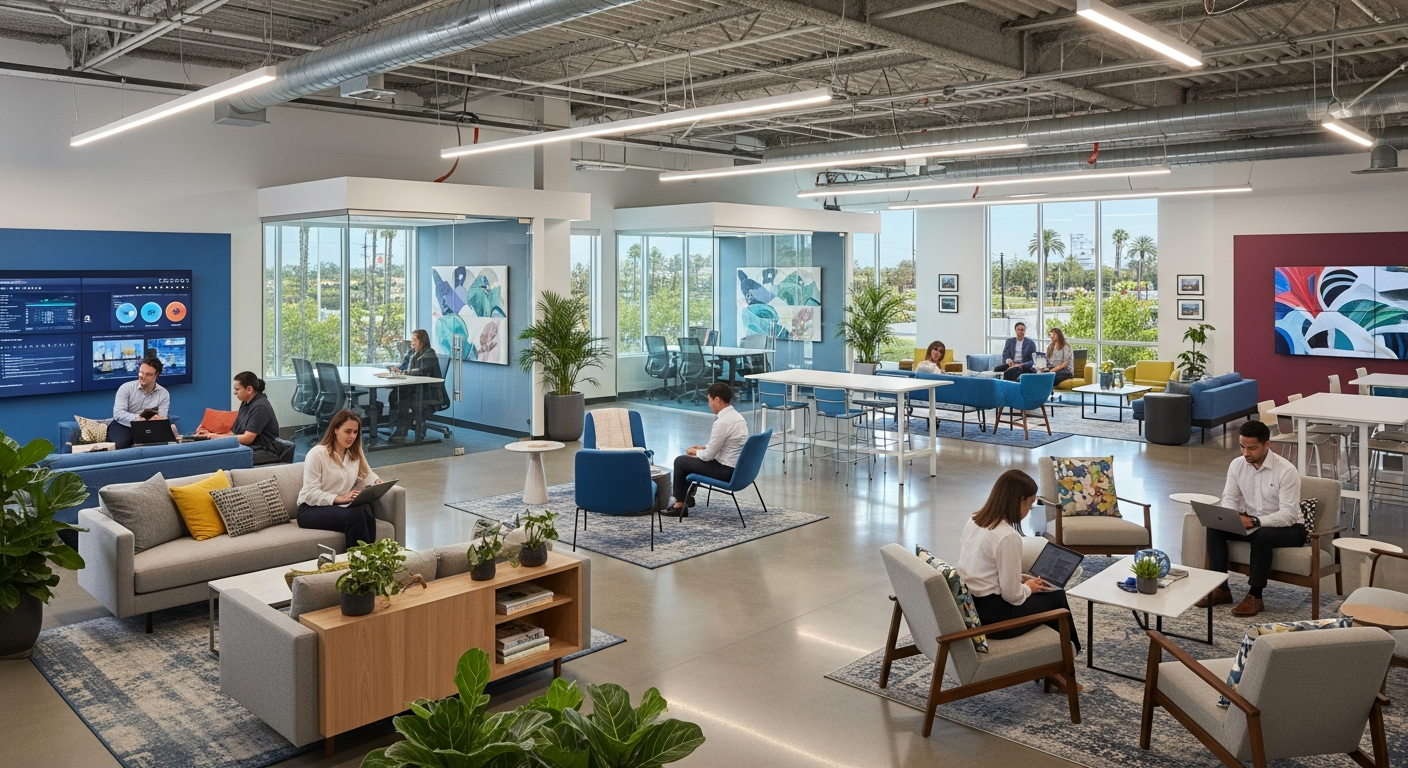 Modern startup office with open floor plan and collaborative workspaces