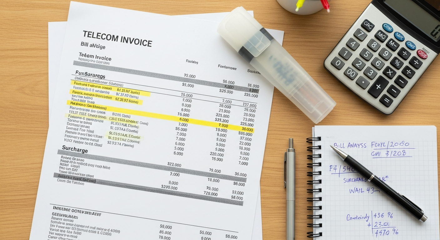 Detailed view of telecom bill line items with surcharges highlighted