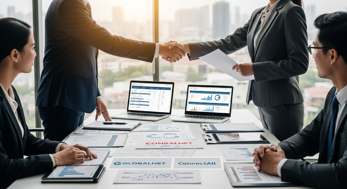 Business owner reviewing a telecom contract with an advisor