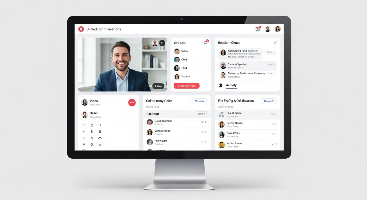 Unified communications interface showing VoIP calling, messaging, and video features