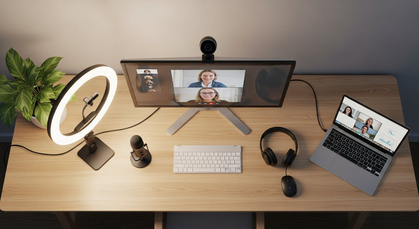 Professional video conferencing hardware installed in a conference room with camera, display, and audio system