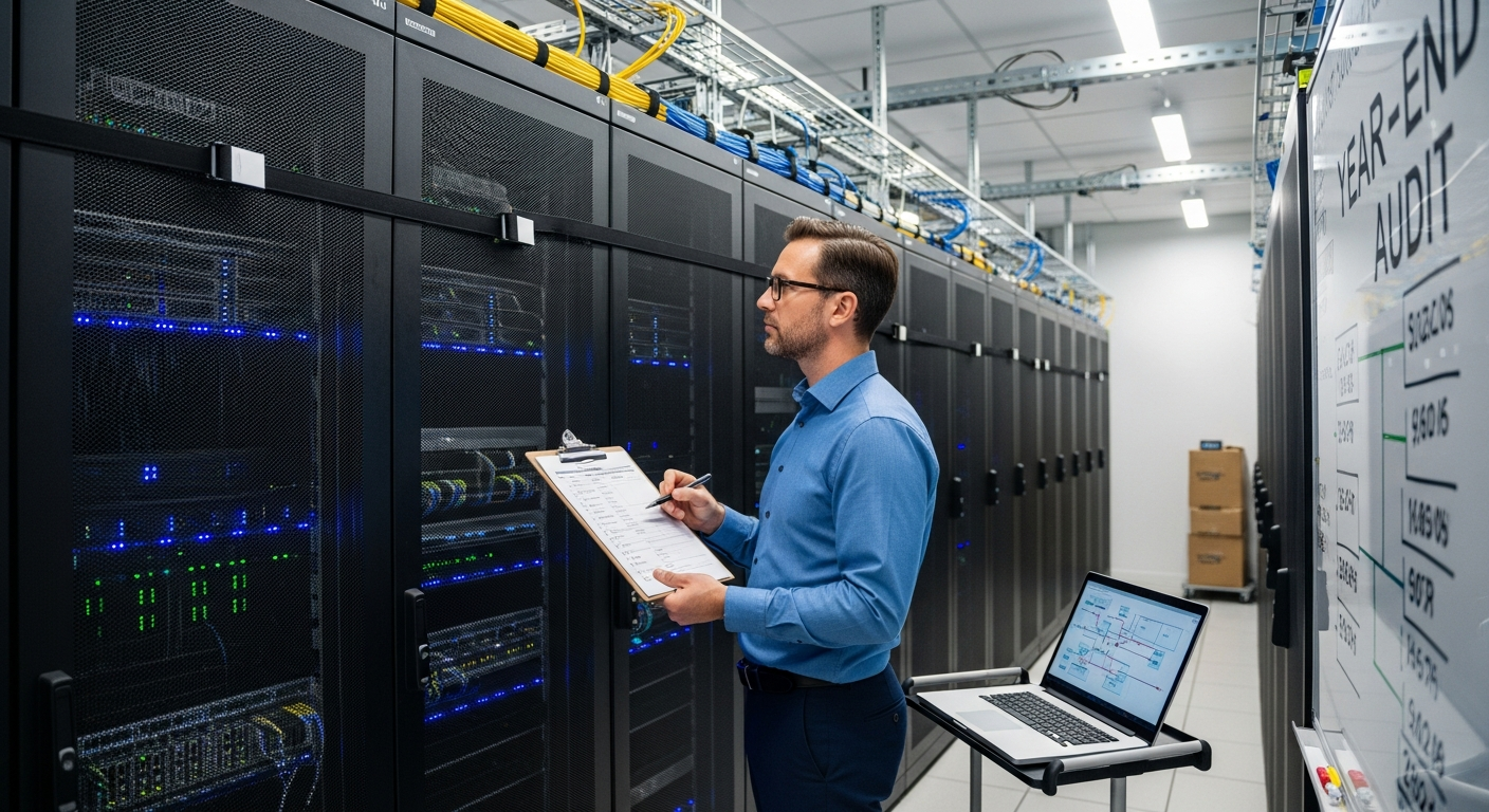 IT administrator documenting server room equipment during a year-end technology audit